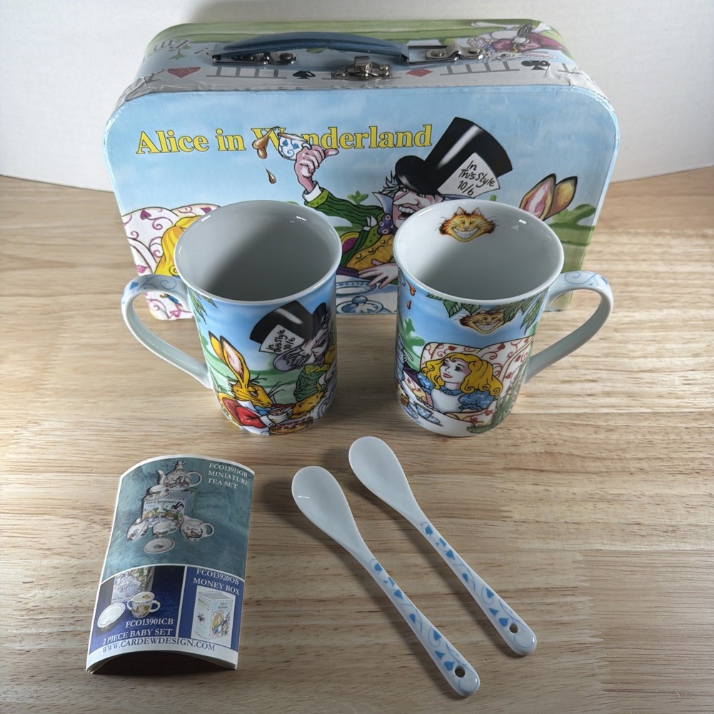 Alice in Wonderland Tea Party Set w/ Box, 2 Cups, & Spoons As Is